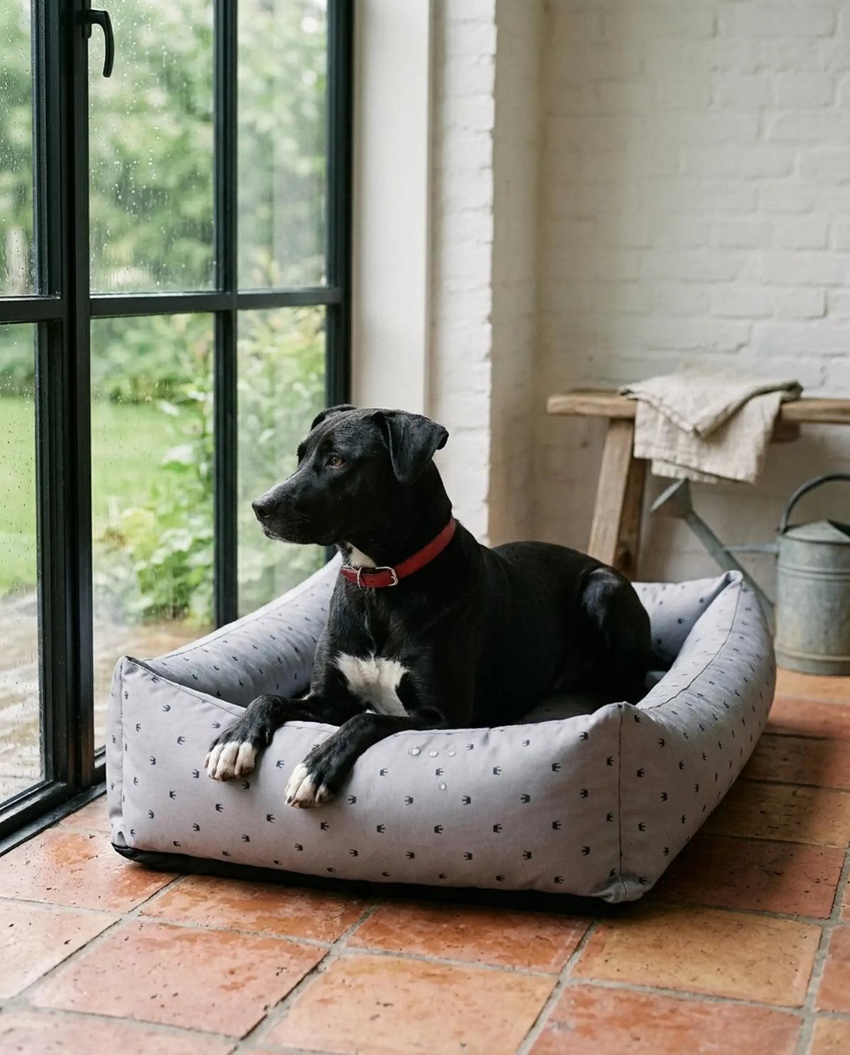 Labrador croisé noir couché dans le panier déperlant Aqua gris clair près de la porte du jardin par un jour de pluie
