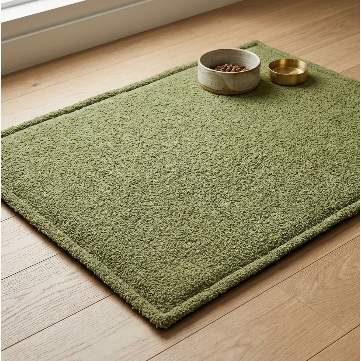 Fluffy hondenmat Soffice in groen op een houten vloer met voerbakken - zachte bouclé bovenkant en sterke cordura onderkant