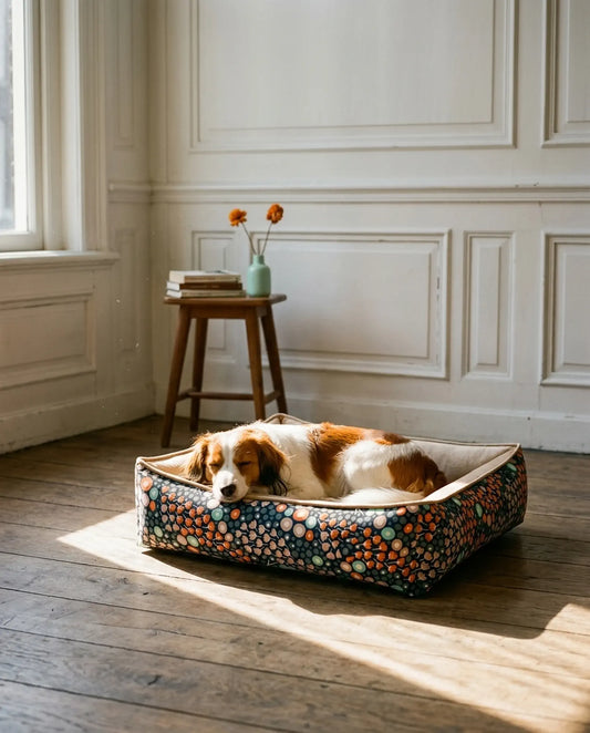 Hondenbank Quadro met retroprint voor kooikerhondje