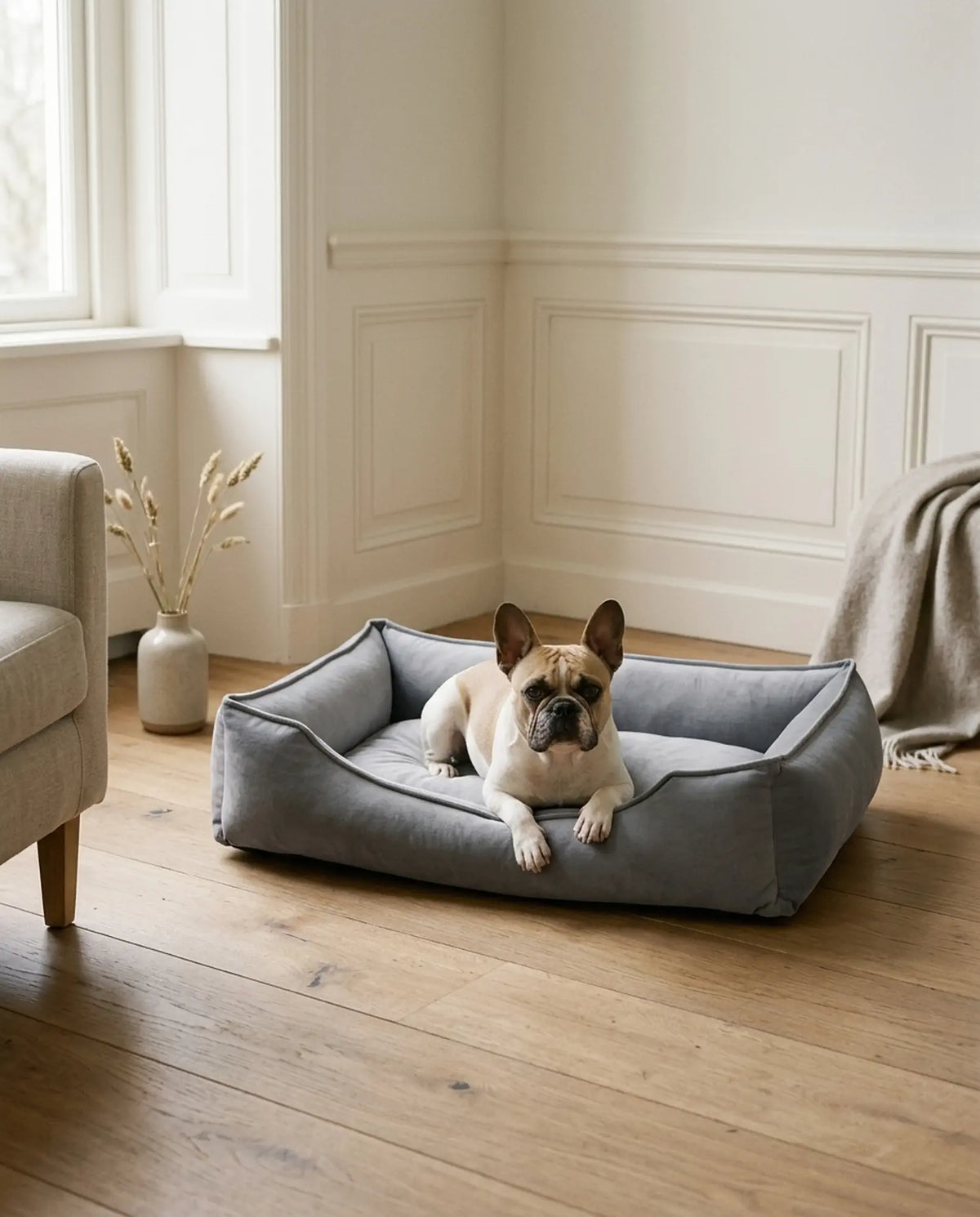 Panier hypoallergénique Nuvola gris avec Bouledogue français dans un salon lumineux