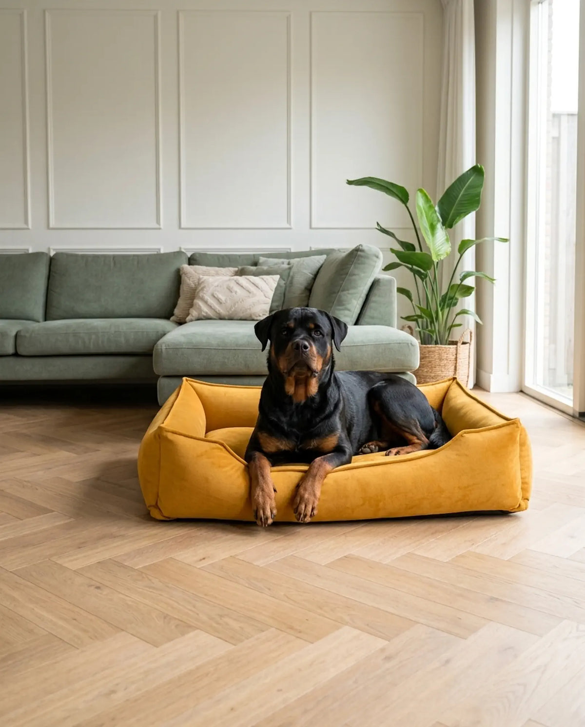 Panier hypoallergénique Nuvola orange avec Rottweiler dans un salon lumineux