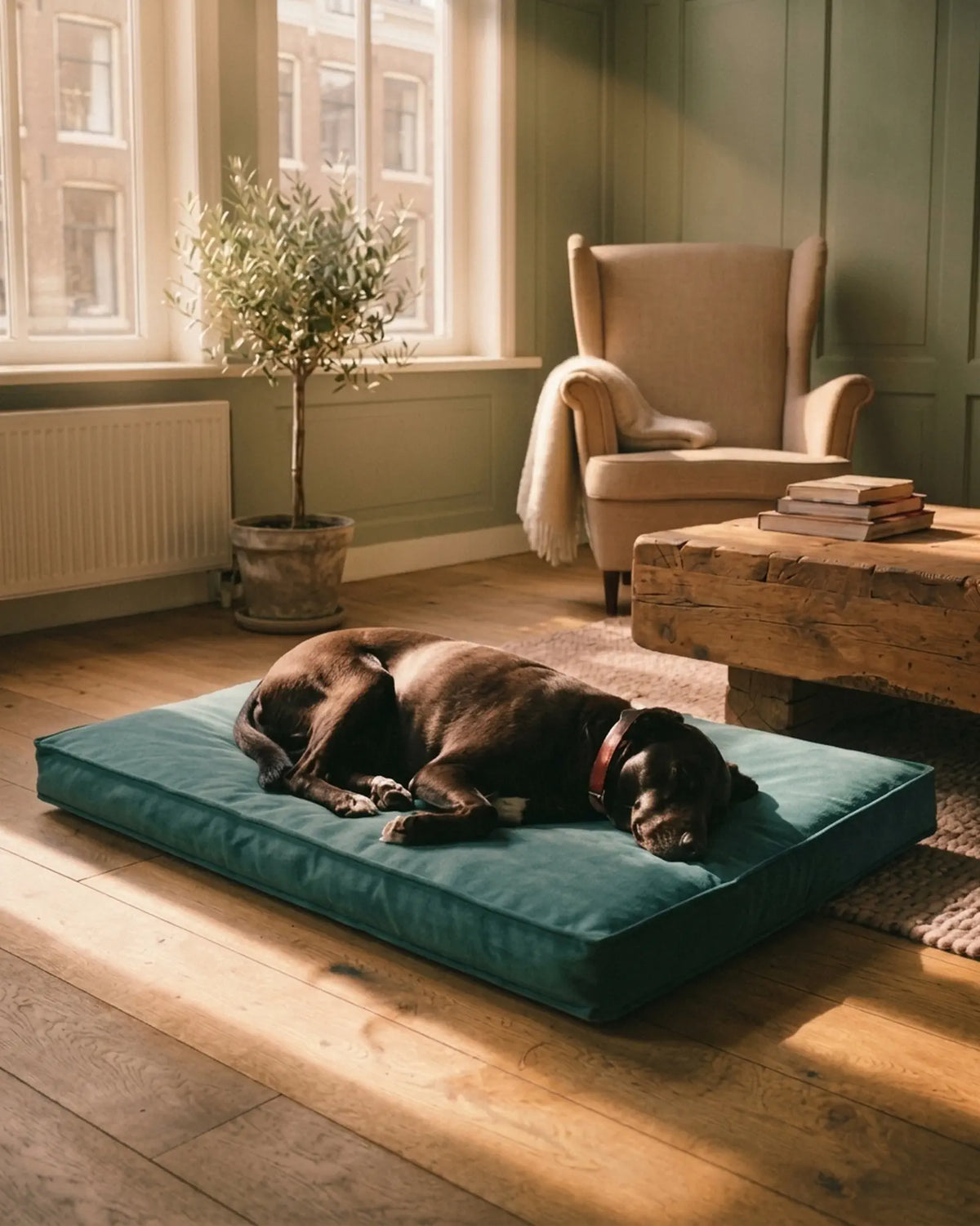Labrador brun dormant sur le coussin orthopédique Medical bleu dans un salon lumineux