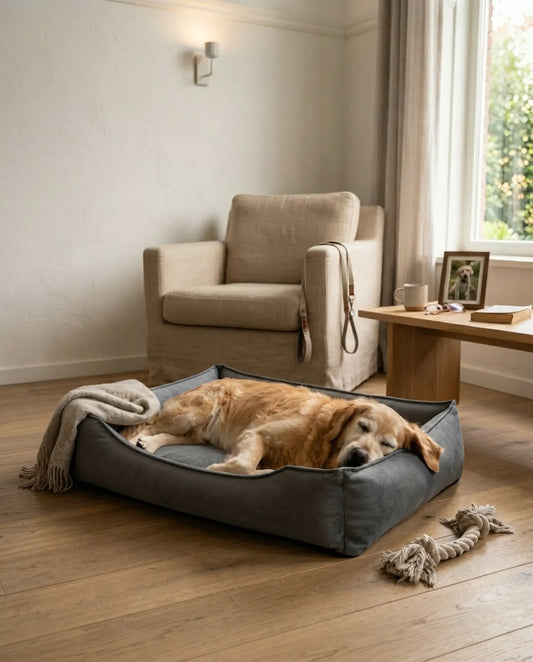 Senior golden retriever slaapt in orthopedische hondenmand Medical in antraciet, maat XL, met traagschuim voor gewrichten