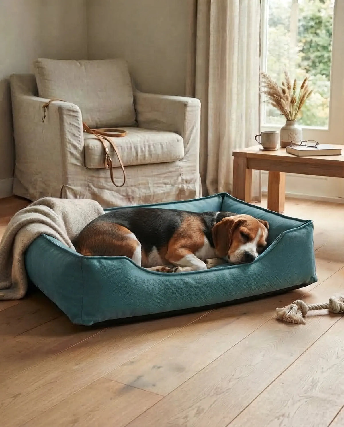 Senior beagle slaapt in orthopedische hondenmand Medical in blauw, maat M, steun bij heupdysplasie