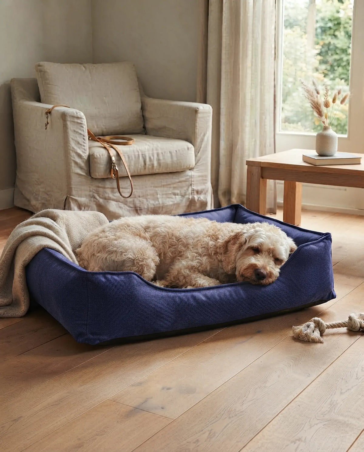 Crèmekleurige labradoodle slaapt in orthopedische hondenmand Medical in marineblauw met drukverlagend traagschuim