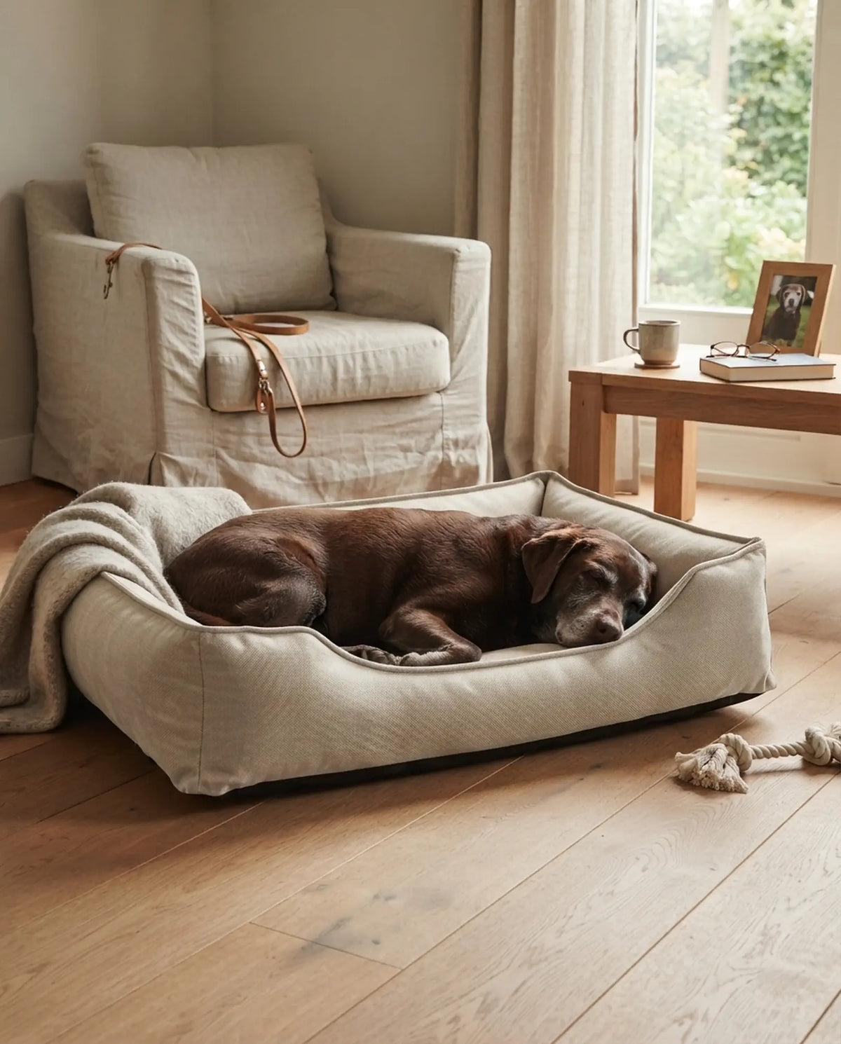 Chocoladebruine labrador slaapt in beige orthopedische hondenmand Medical met drukverlagend traagschuim