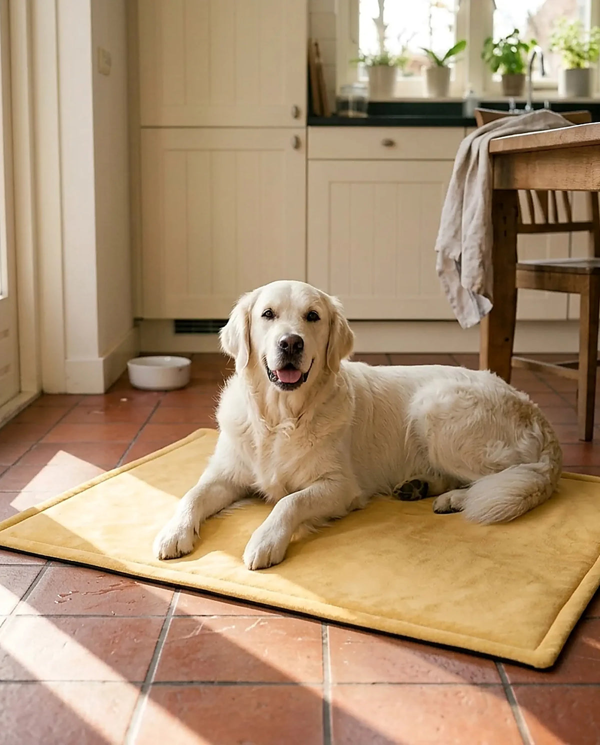 Golden Retriever couché sur le tapis doux Riposo jaune ocre sur le sol de la cuisine